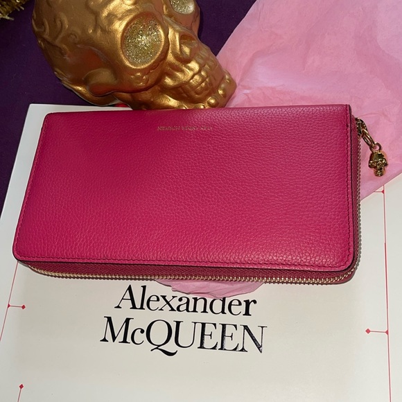 Alexander McQueen Handbags - Alexander McQueen Pink Leather Wallet Gold Skull Zipper Pull